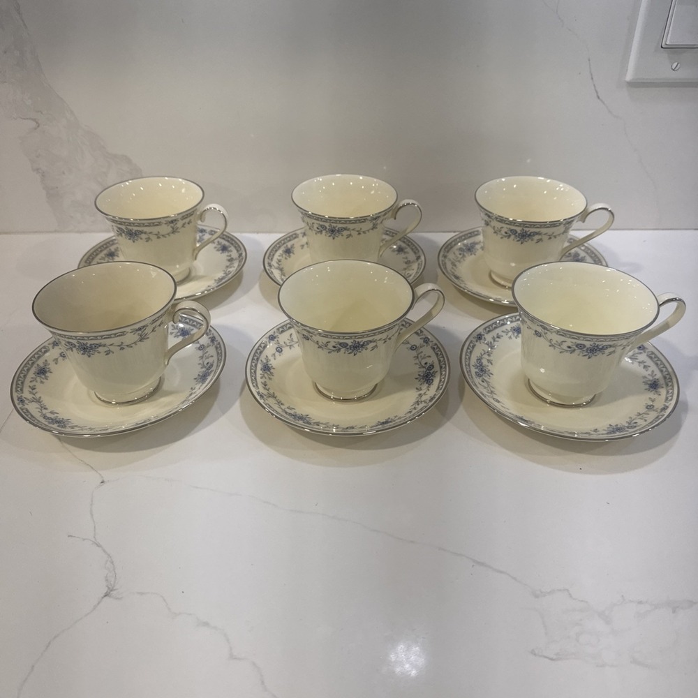 6 Minton Bellemeade Cups Saucers Set Vintage Blue Floral Platinum England